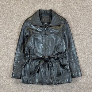 VTG Black Genuine Leather Belted Jacket Women’s S Retro 90s Grunge Moto Matrix